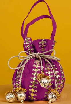 Gota Patti Art Silk Potli Bag in Magenta