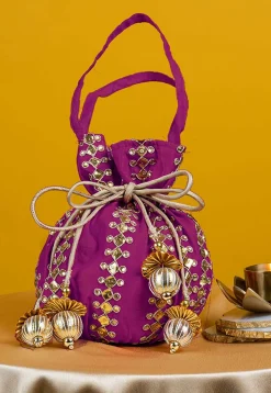 Gota Patti Art Silk Potli Bag in Magenta