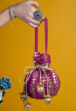 Gota Patti Art Silk Potli Bag in Magenta