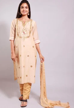 Gota Patti Chanderi Cotton Pakistani Suit in Beige