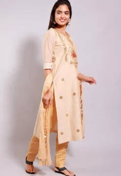 Gota Patti Chanderi Cotton Pakistani Suit in Beige