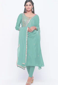 Gota Patti Chanderi Silk Straight Suit in Light Sea Green
