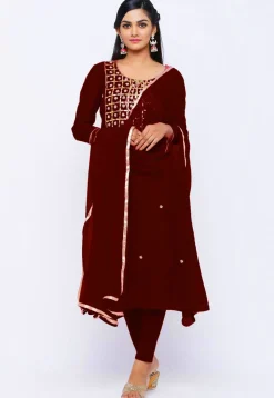 Gota Patti Chanderi Silk Straight Suit in Dark Maroon