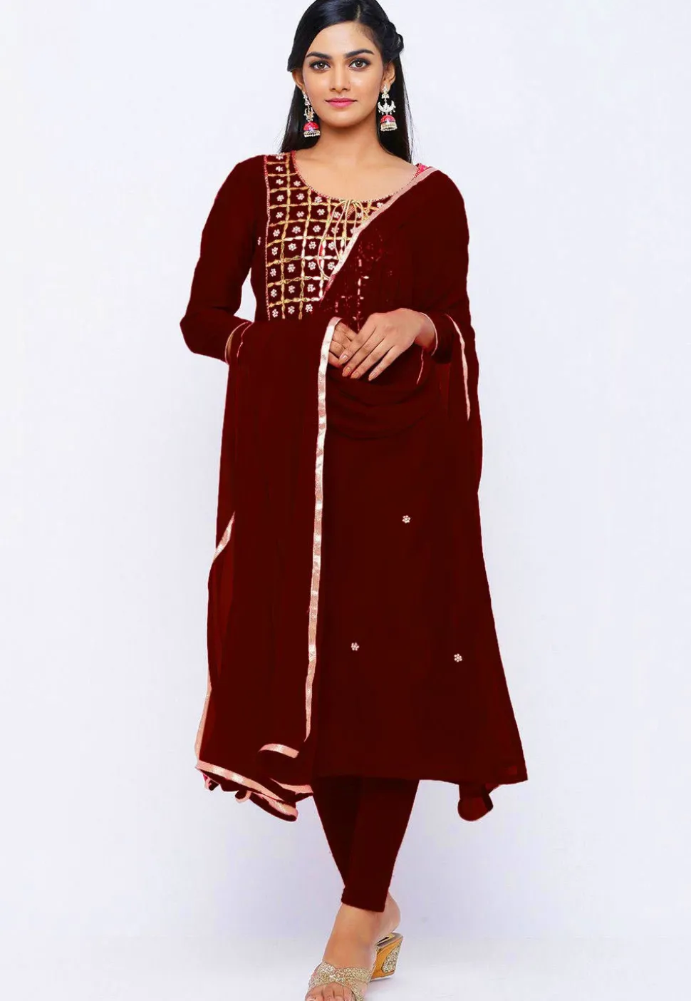 Gota Patti Chanderi Silk Straight Suit in Dark Maroon