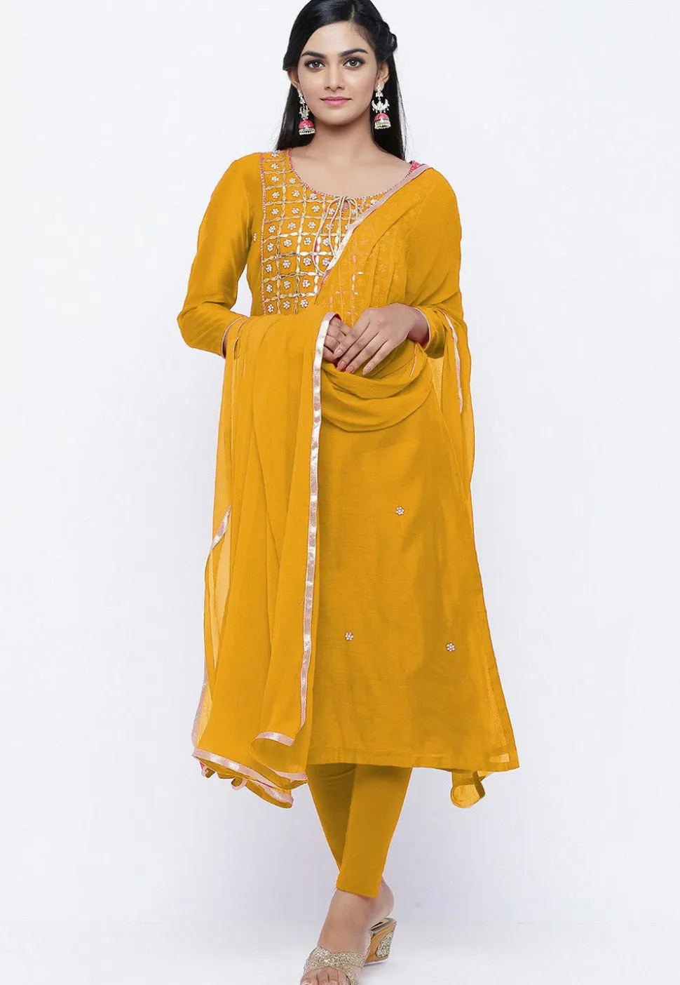 Gota Patti Chanderi Silk Straight Suit in Yellow