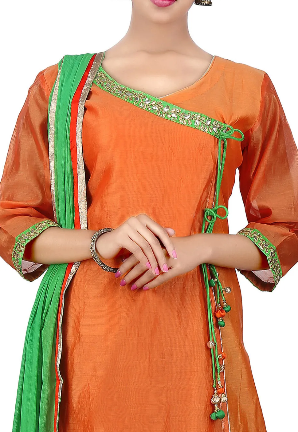 Gota Patti Cotton Chanderi Angrakha Style Suit in Orange
