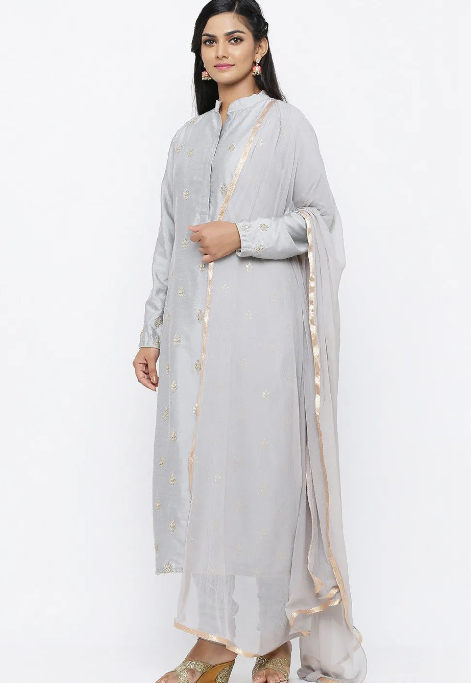 Gota Patti Cotton Silk Straight Suit in Light Grey