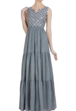 Gota Patti Cotton Tiered Gown in Grey