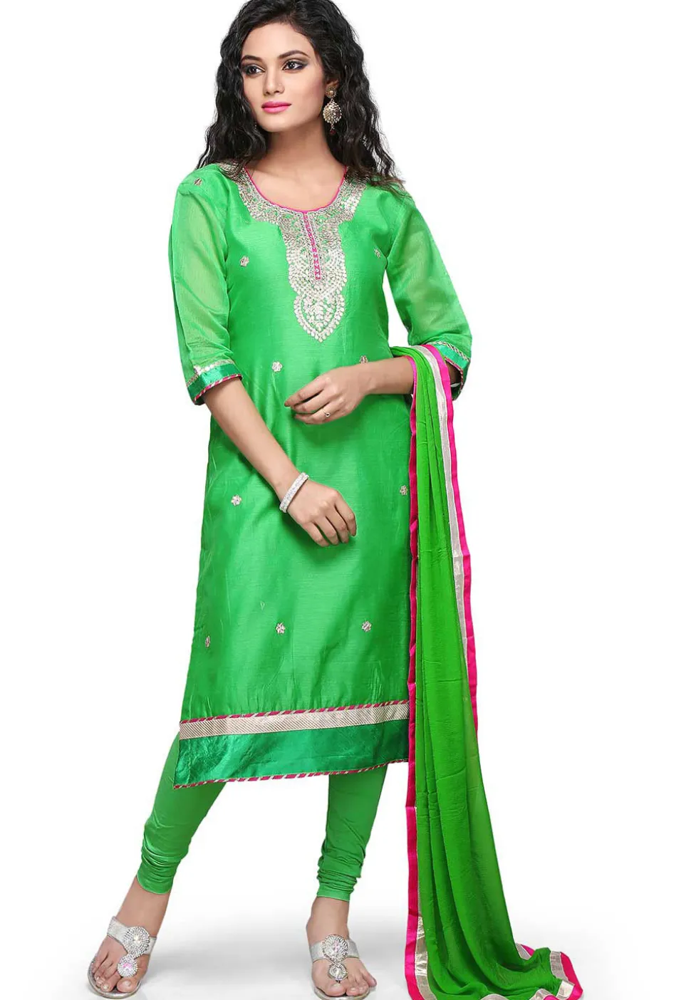 Gota Patti Embroidered Chanderi Silk Straight Cut Suit in Green