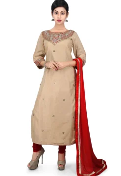 Gota Patti Embroidered Cotton Silk Straight Suit in Beige
