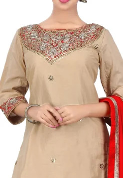 Gota Patti Embroidered Cotton Silk Straight Suit in Beige
