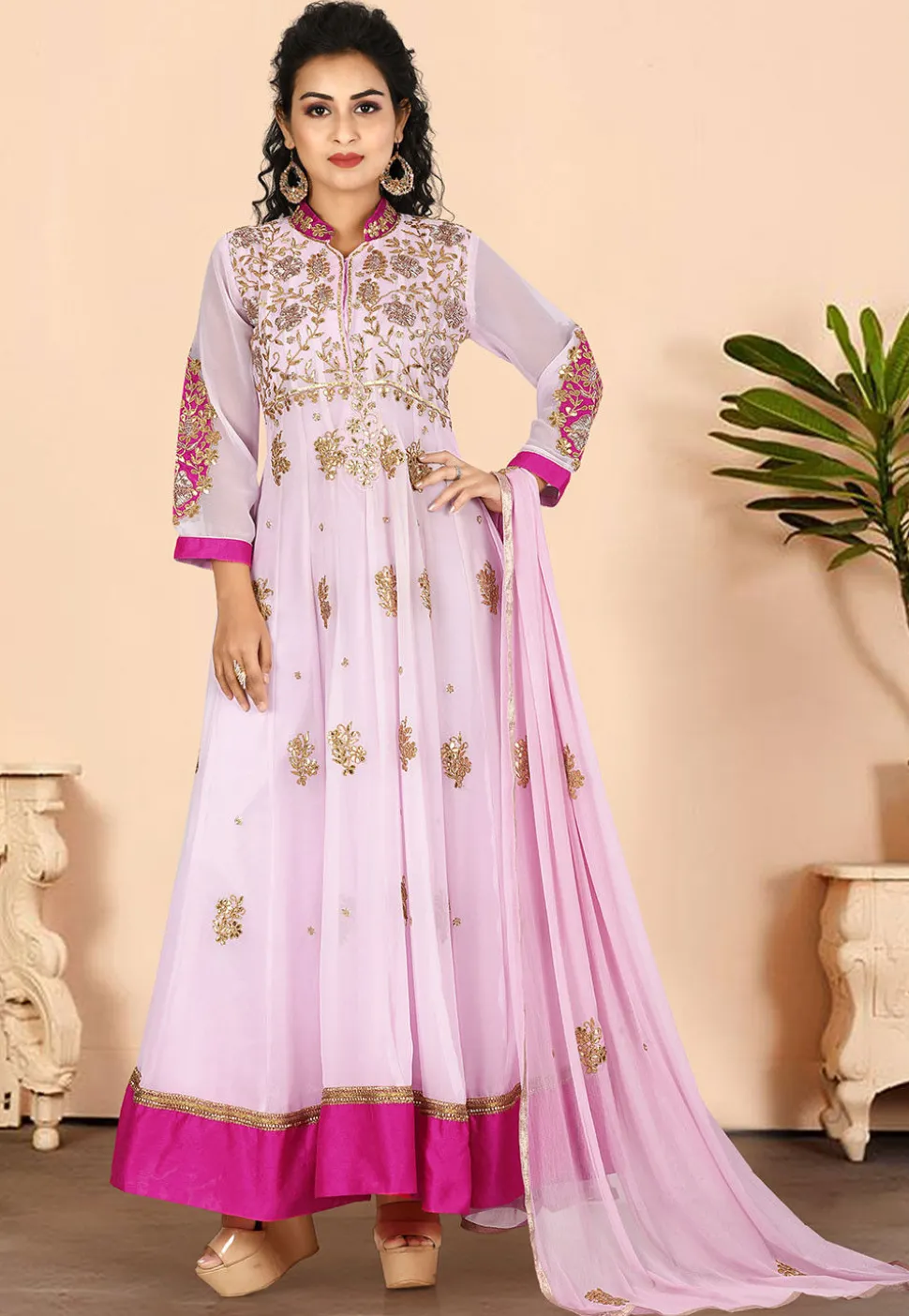 Gota Patti Georgette Abaya Style Suit in Pink