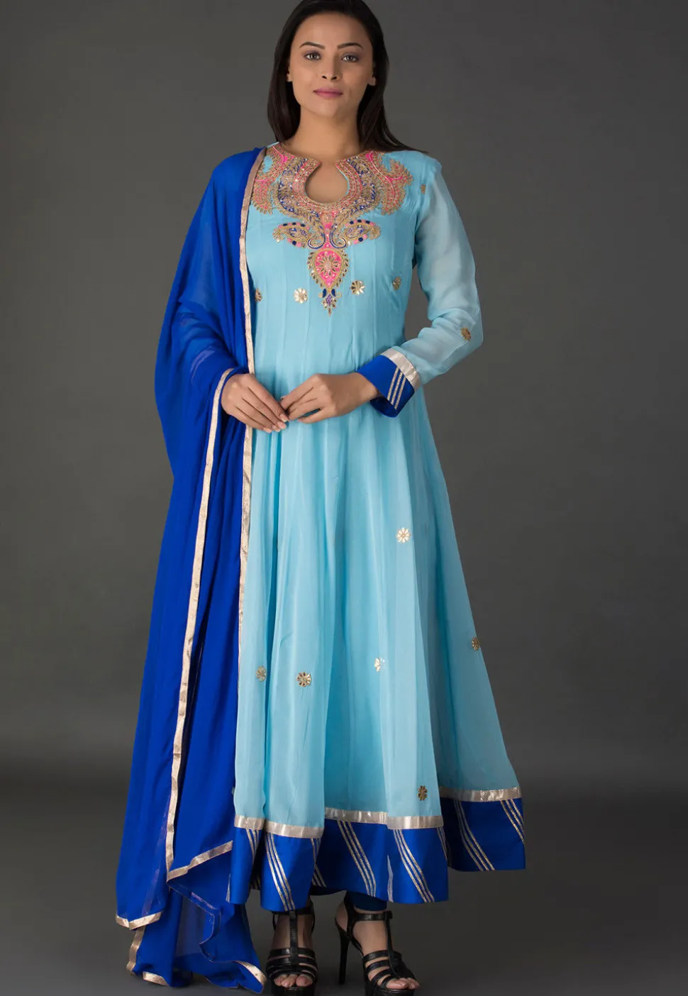 Gota Patti Georgette Abaya Style Suit in Sky Blue