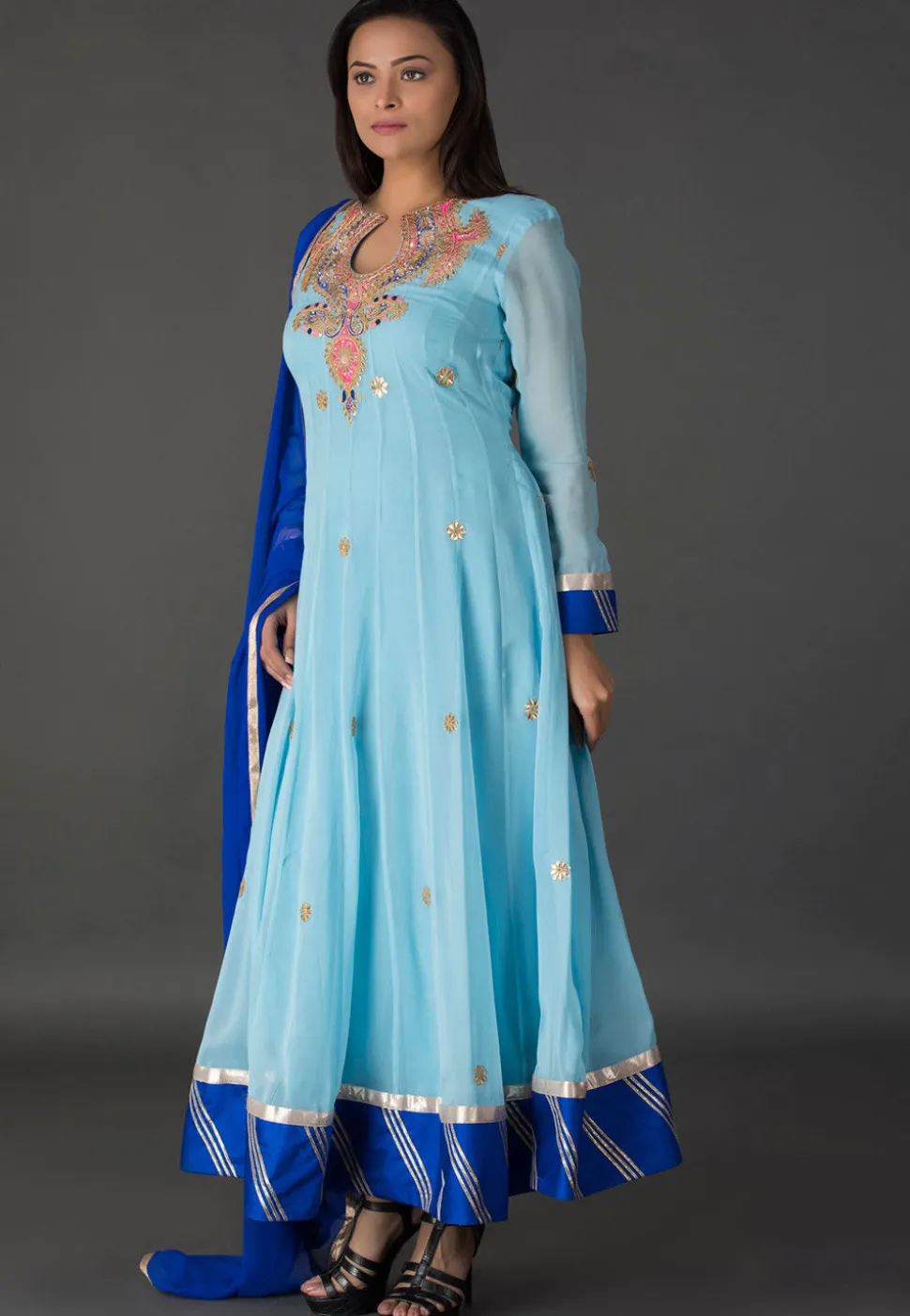 Gota Patti Georgette Abaya Style Suit in Sky Blue