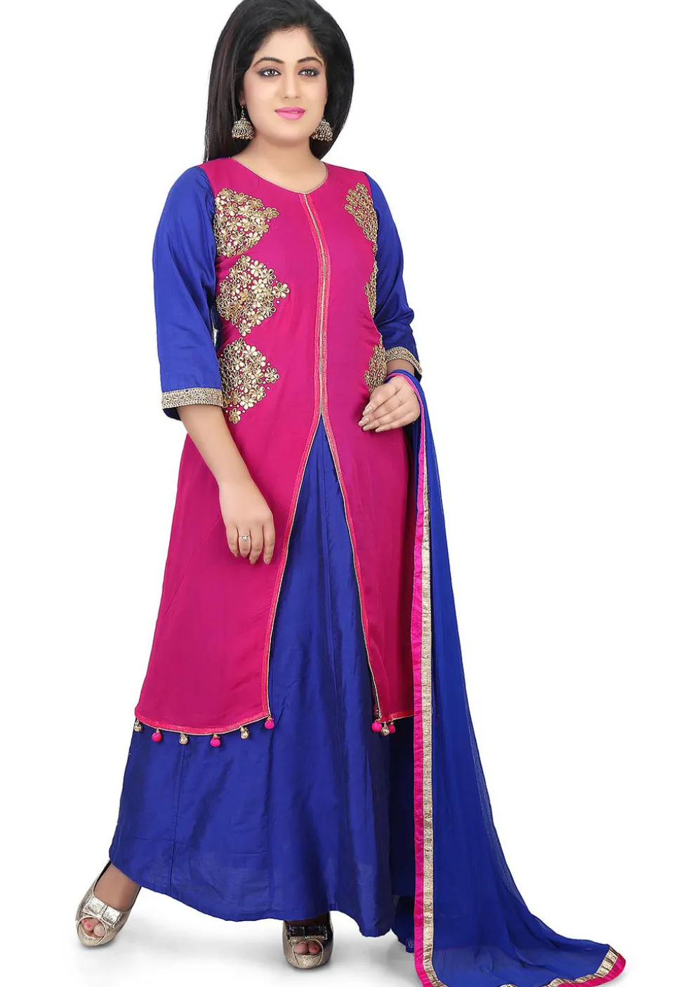 Gota Patti Georgette Abaya Style Suit in Fuchsia and Royal Blue