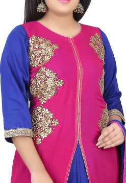 Gota Patti Georgette Abaya Style Suit in Fuchsia and Royal Blue