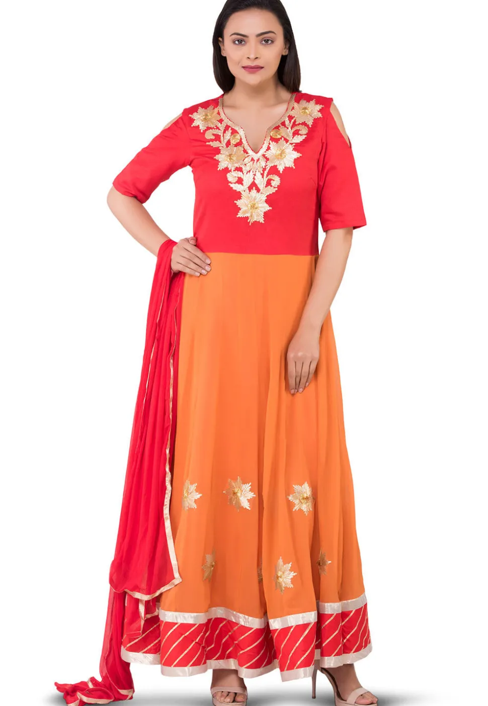 Gota Patti Georgette Abaya Style Suit in Orange and Red