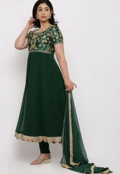 Gota Patti Georgette Anarkali Suit in Dark Green