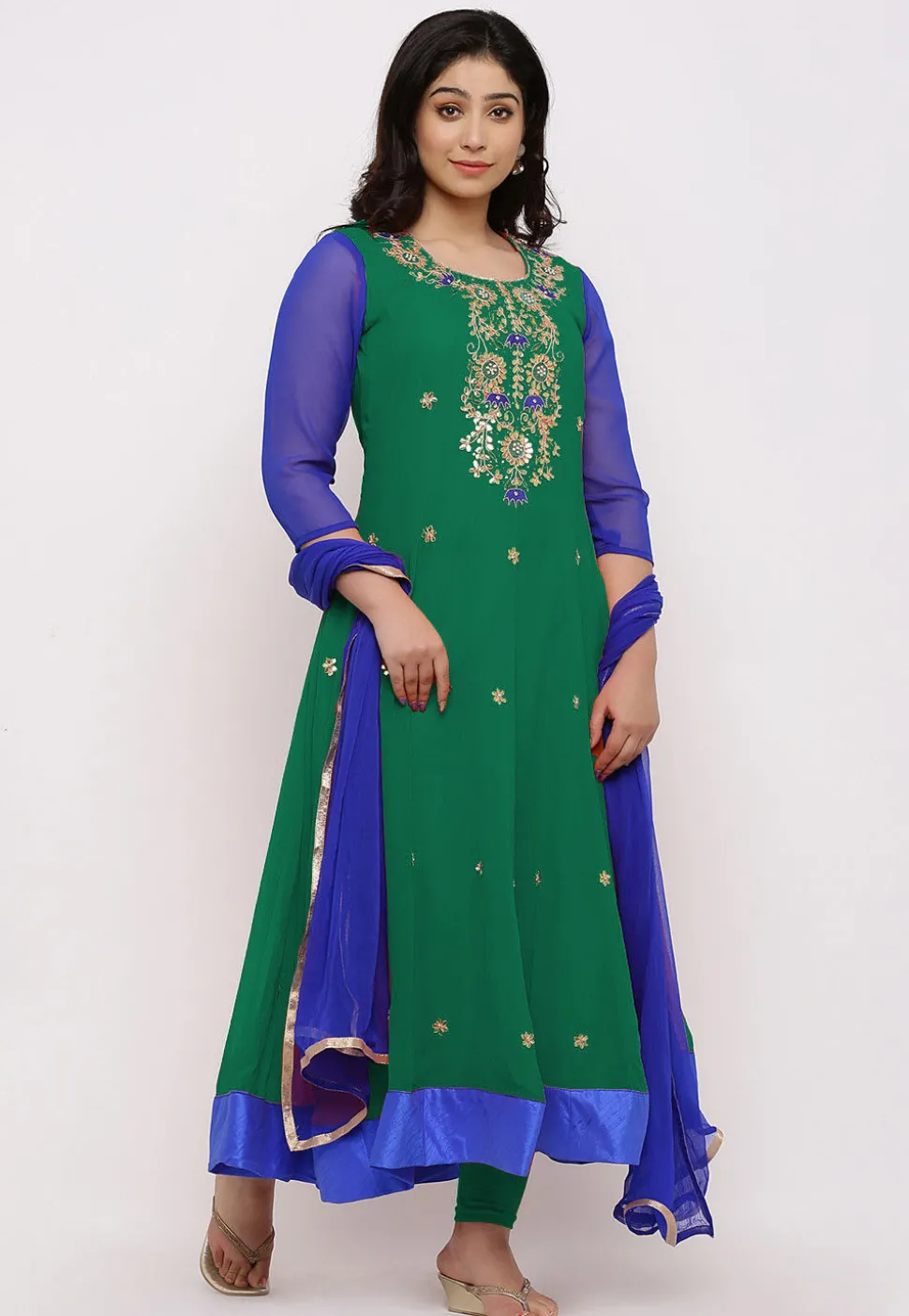 Gota Patti Georgette Anarkali Suit in Teal Green and Royal Blue
