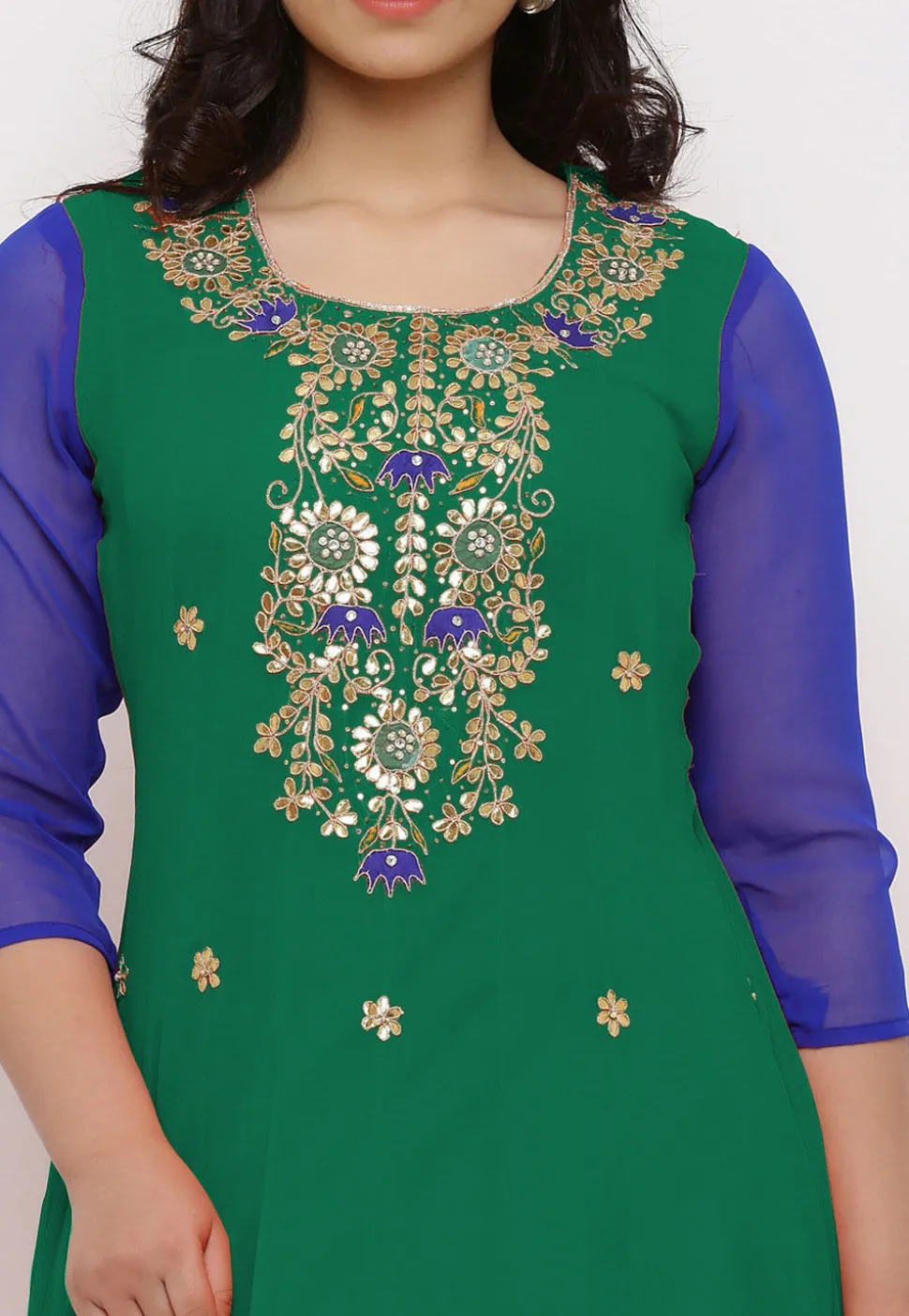 Gota Patti Georgette Anarkali Suit in Teal Green and Royal Blue