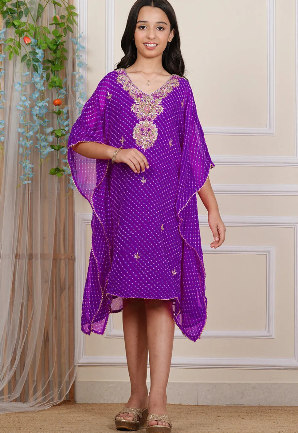 Gota Patti Georgette Kaftan in Purple