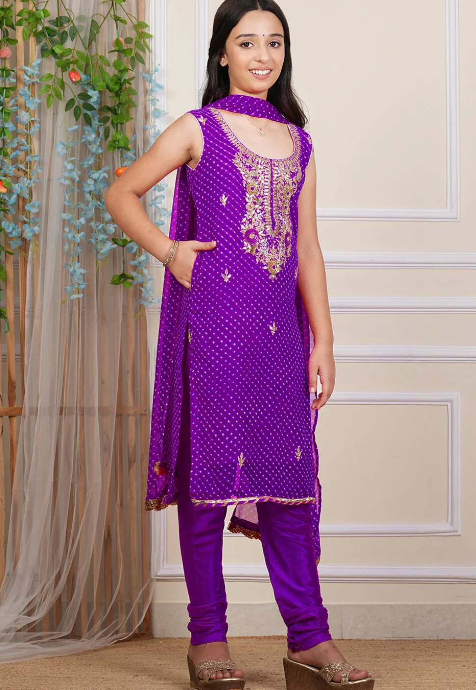 Gota Patti Georgette Straight Suit in Purple