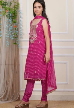 Gota Patti Georgette Straight Suit in Fuchsia