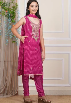 Gota Patti Georgette Straight Suit in Fuchsia