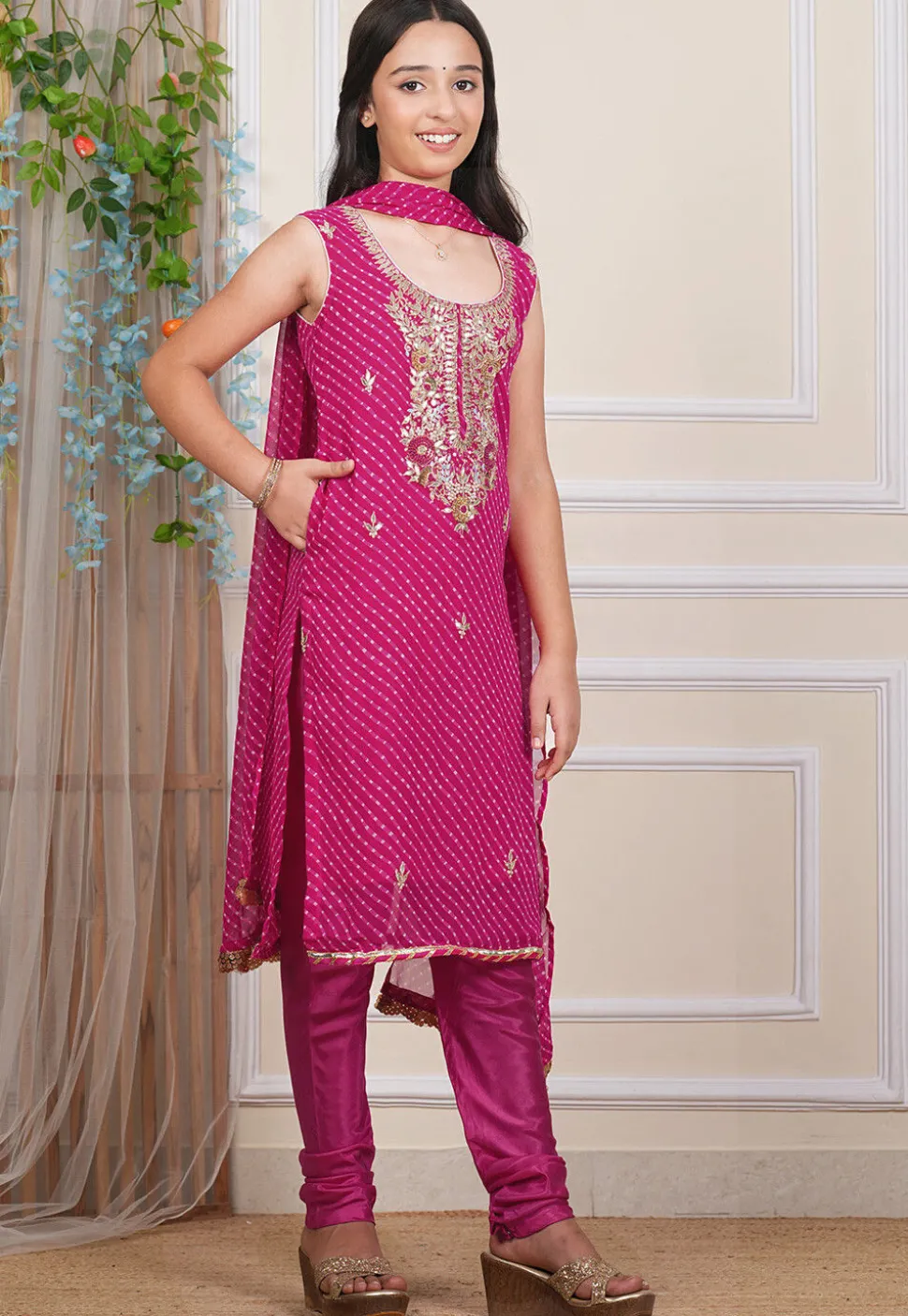Gota Patti Georgette Straight Suit in Fuchsia