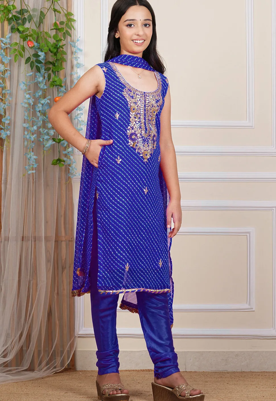 Gota Patti Georgette Straight Suit in Royal Blue