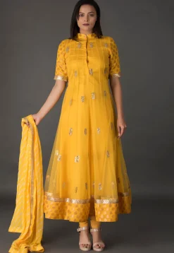 Gota Patti Net Anarkali Suit in Mustard