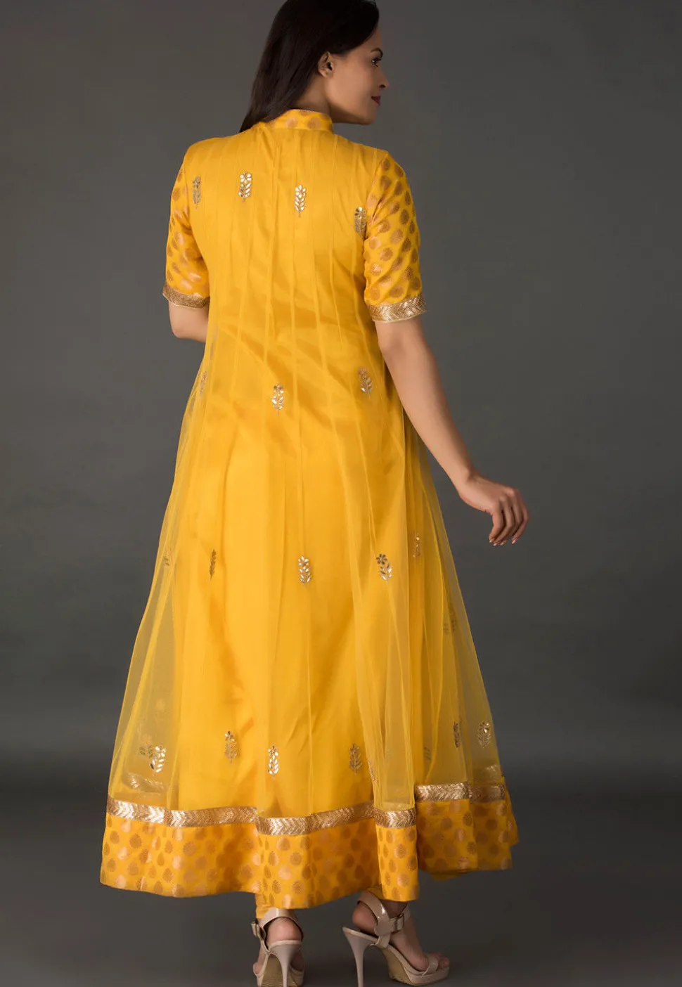 Gota Patti Net Anarkali Suit in Mustard