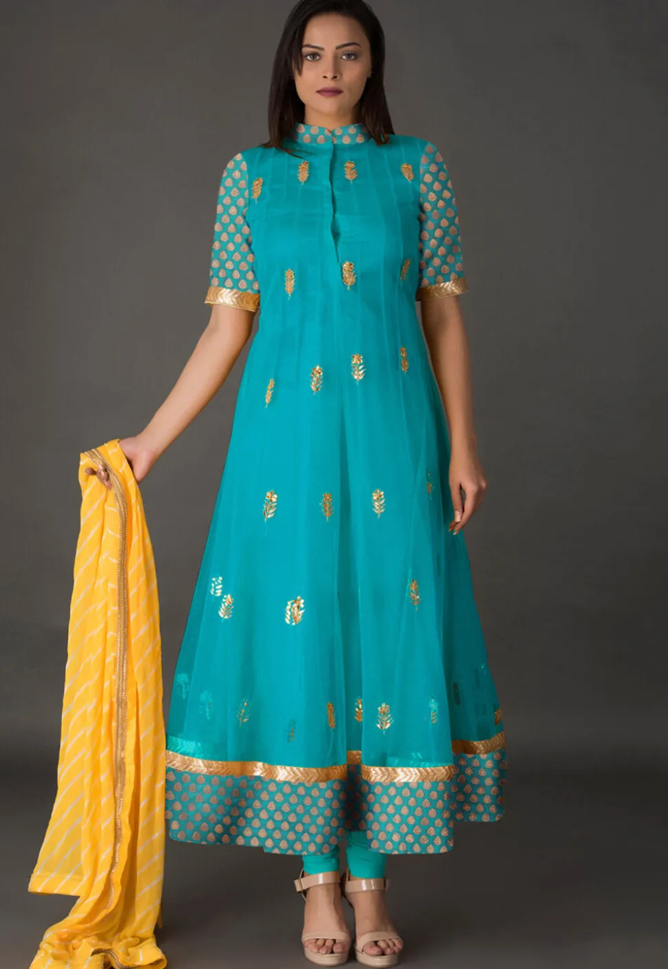 Gota Patti Net Anarkali Suit in Turquoise
