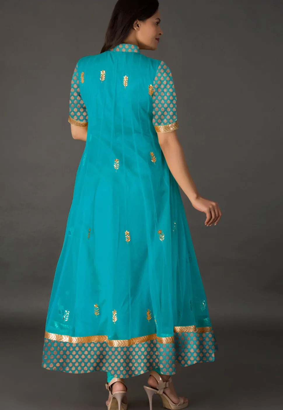 Gota Patti Net Anarkali Suit in Turquoise