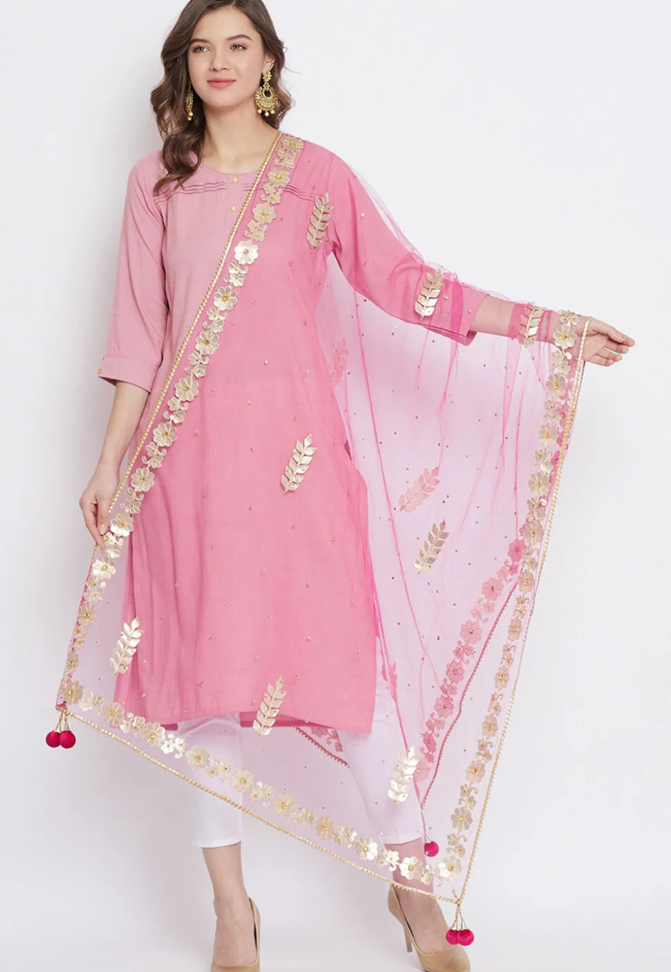 Gota Patti Net Dupatta in Pink