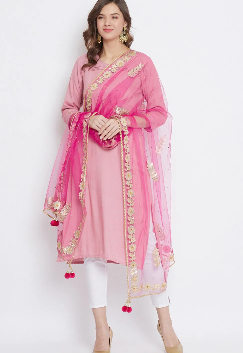Gota Patti Net Dupatta in Pink