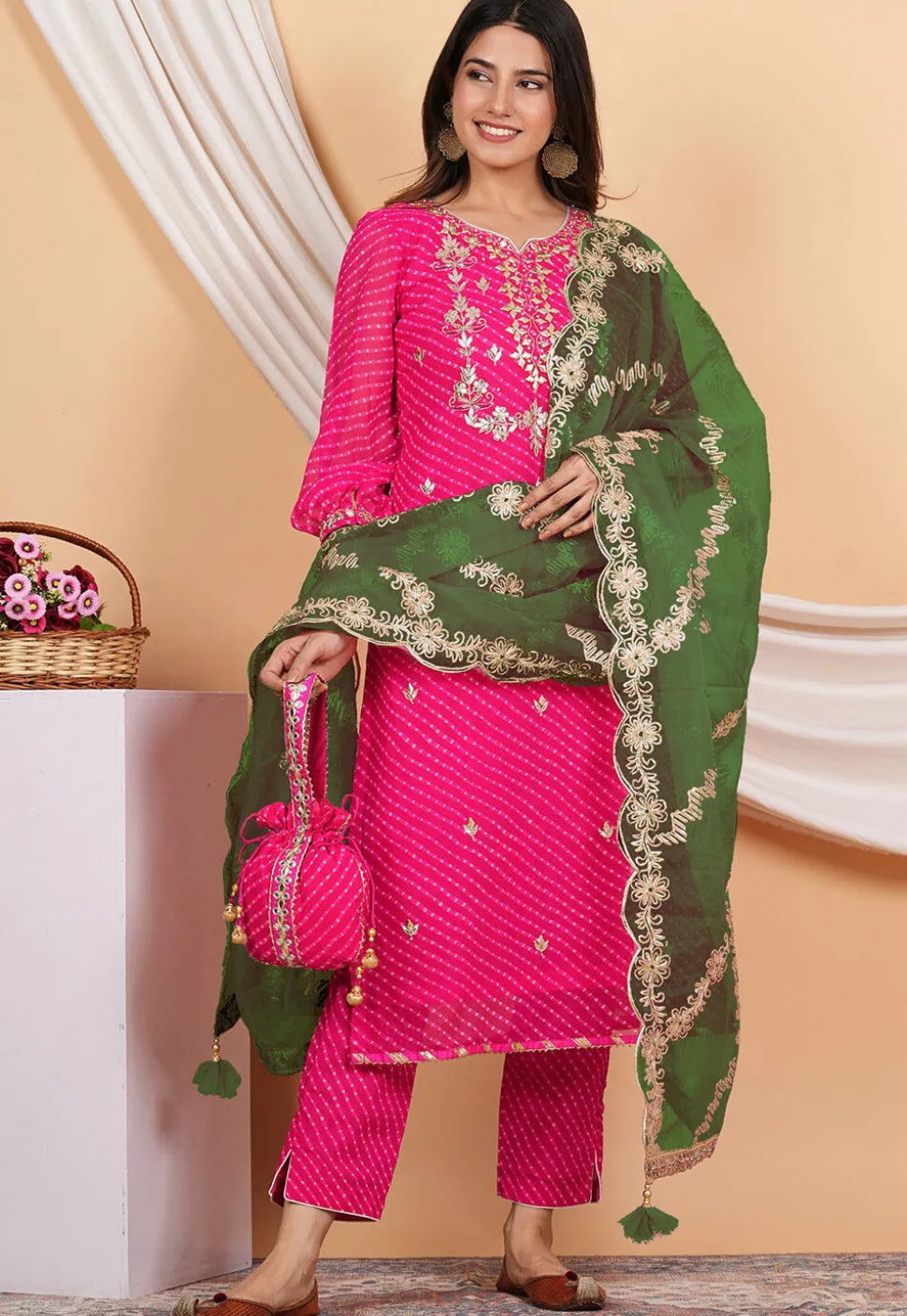Gota Patti Organza Dupatta in Dark Green