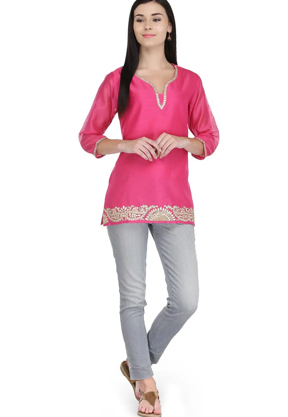 Gota Patti Pure Chanderi Kurti in Pink