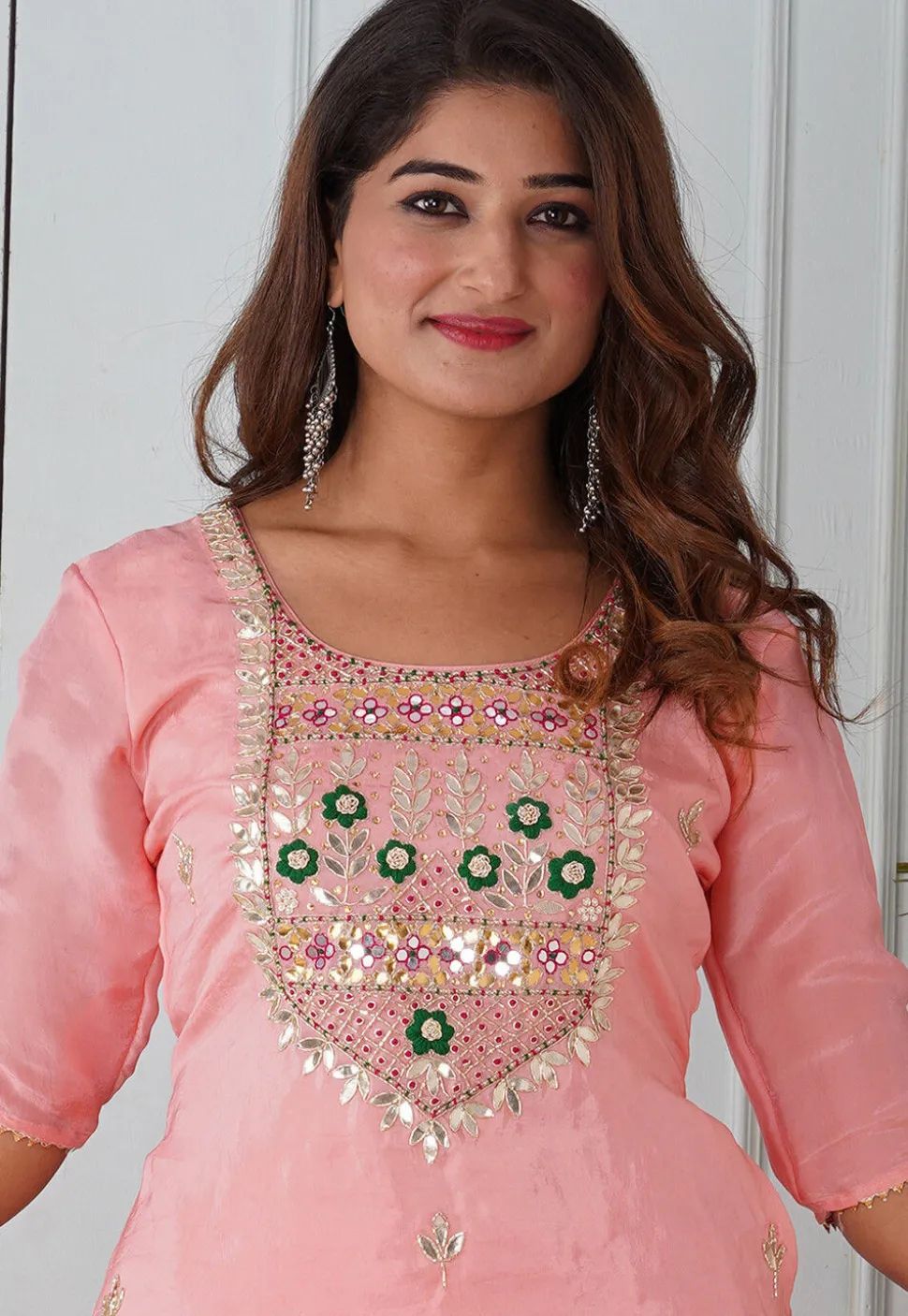 Gota Patti Uppada Silk Straight Kurta Set in Peach