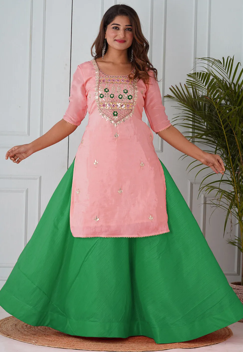Gota Patti Uppada Silk Straight Kurta Set in Peach