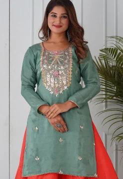 Gota Patti Uppada Silk Straight Kurta in Dusty Green