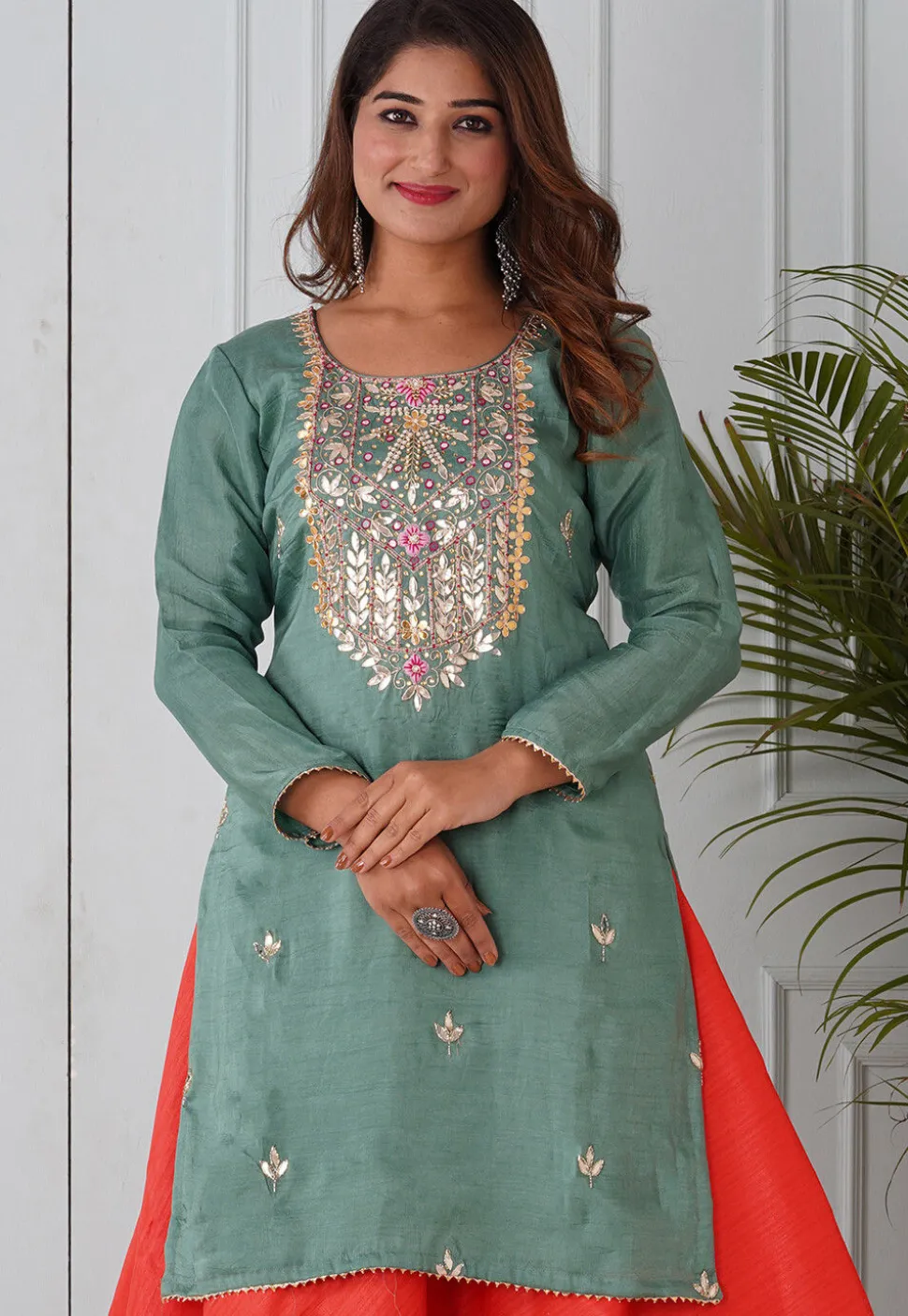 Gota Patti Uppada Silk Straight Kurta in Dusty Green