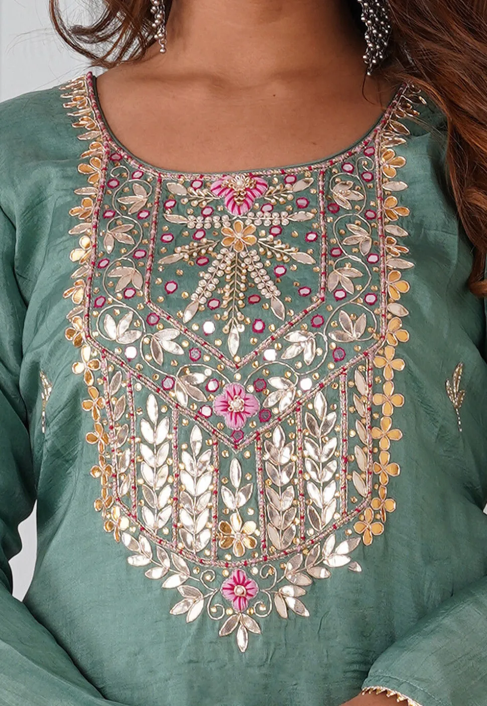 Gota Patti Uppada Silk Straight Kurta in Dusty Green