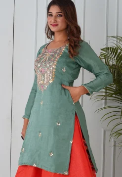 Gota Patti Uppada Silk Straight Kurta in Dusty Green