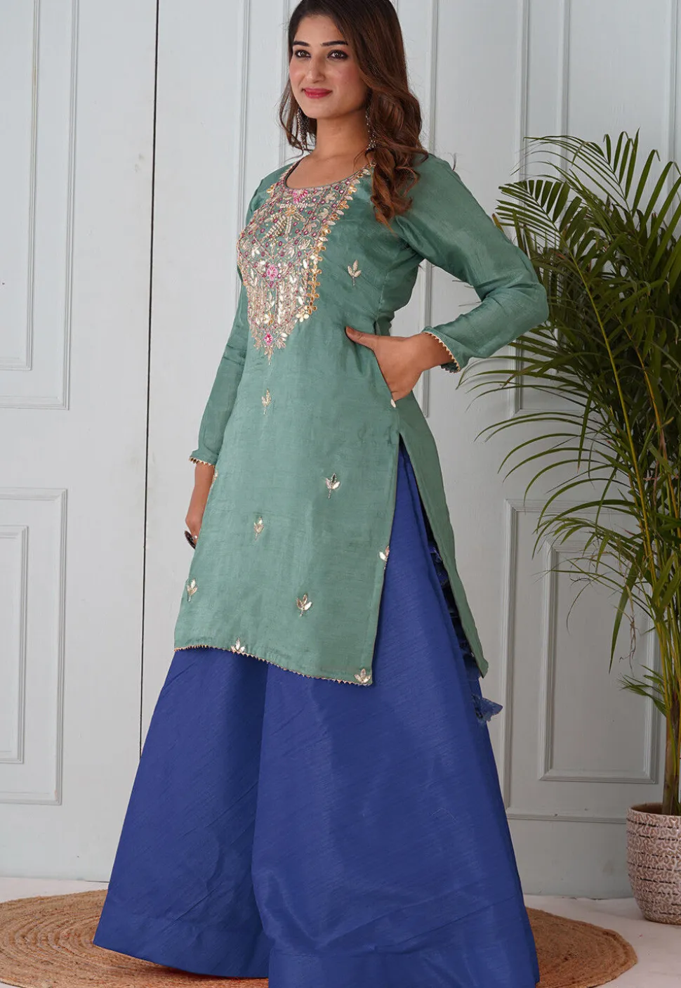 Gota Patti Uppada Silk Straight Kurta Set in Dusty Green