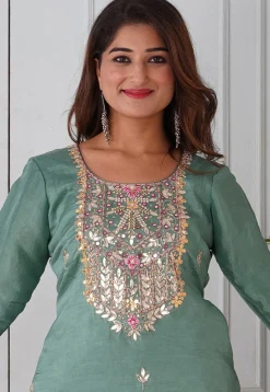 Gota Patti Uppada Silk Straight Kurta Set in Dusty Green