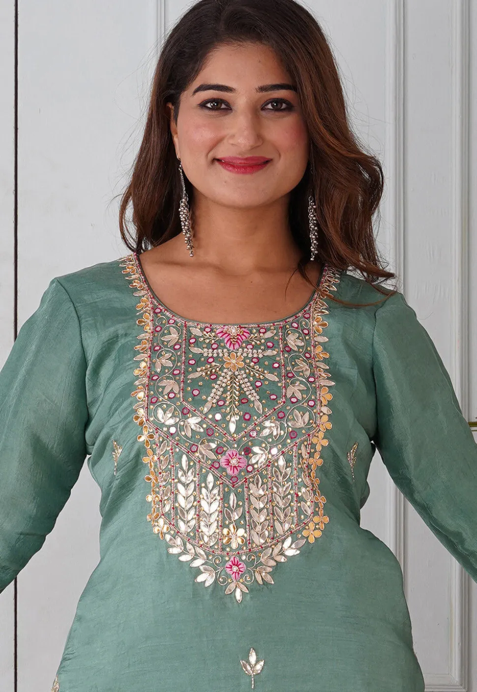 Gota Patti Uppada Silk Straight Kurta Set in Dusty Green