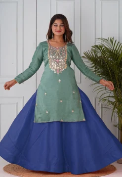 Gota Patti Uppada Silk Straight Kurta Set in Dusty Green