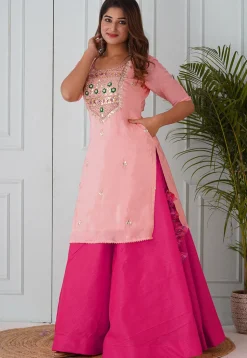 Gota Patti Uppada Silk Straight Kurta Set in Peach