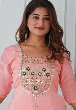 Gota Patti Uppada Silk Straight Kurta Set in Peach